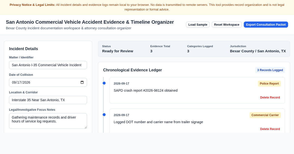 San Antonio Commercial Vehicle Accident Evidence & Timeline Organizer preview