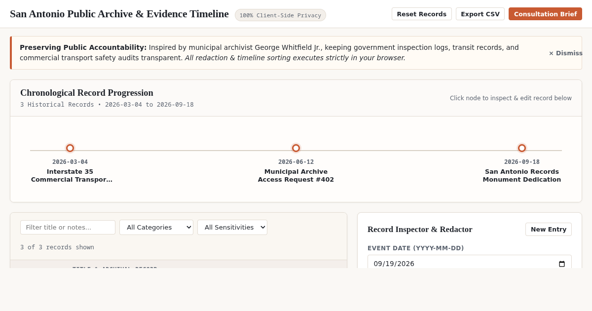 San Antonio Public Archive & Evidence Timeline Builder preview