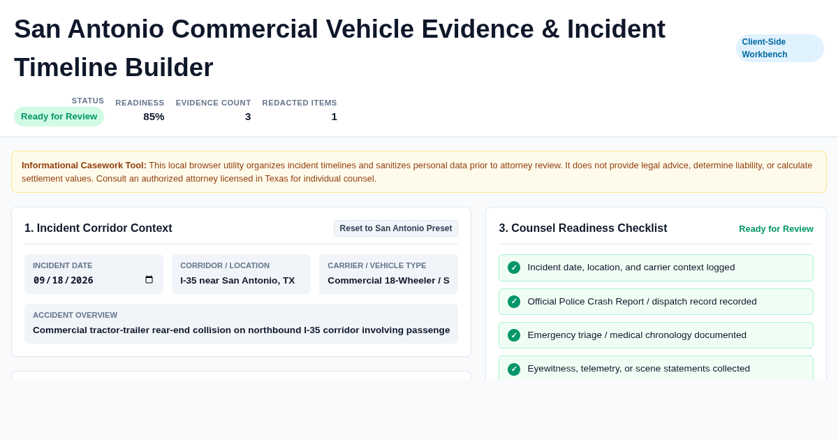 San Antonio Commercial Vehicle Evidence & Incident Timeline Builder preview