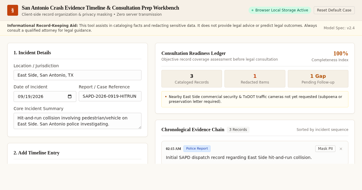 San Antonio Crash Evidence Timeline & Consultation Prep Workbench preview