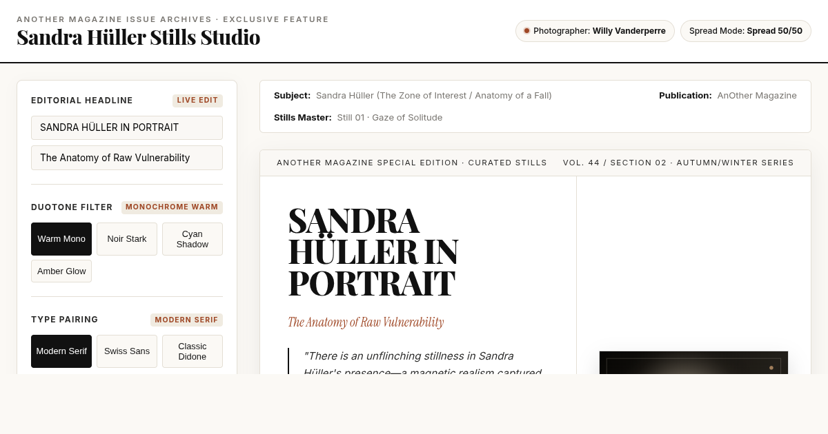 Sandra Hüller Editorial Stills & Magazine Layout Studio preview