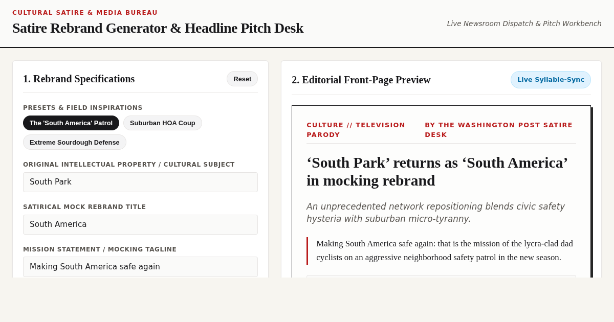 Satire Rebrand Generator & Headline Pitch Desk preview