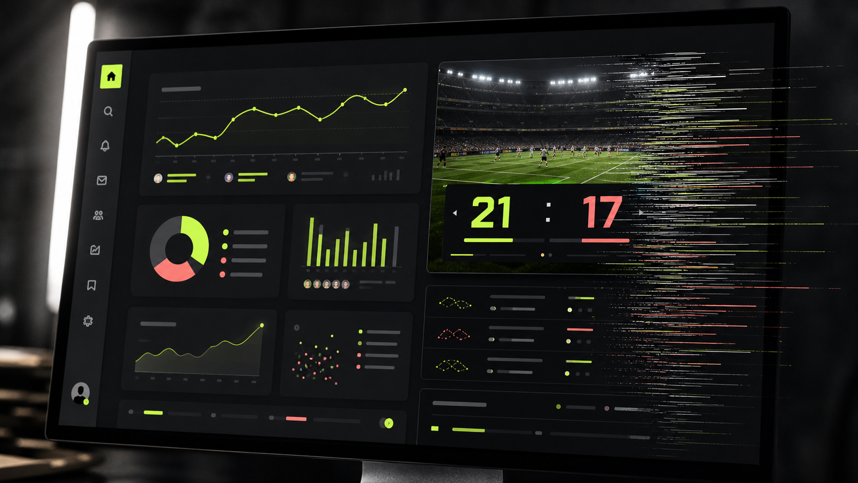 Dark creator analytics dashboard with a football scoreboard dissolving away