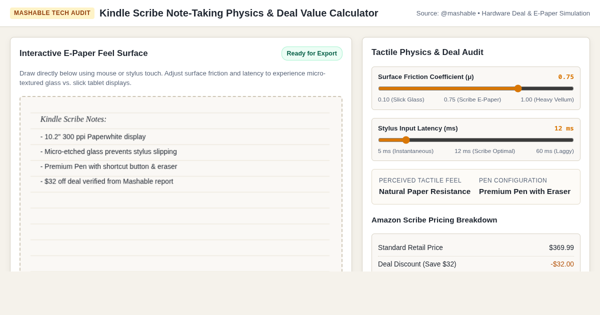 Kindle Scribe Note-Taking Physics & Deal Value Calculator preview
