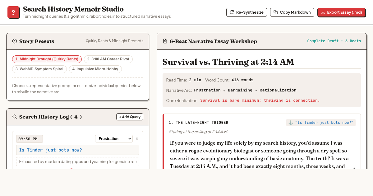 Search History Memoir Studio — Turn Midnight Queries into Personal Essays preview
