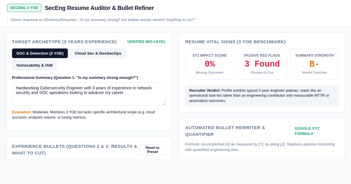 SecEng Resume Auditor & Bullet Refiner (3 YOE) preview