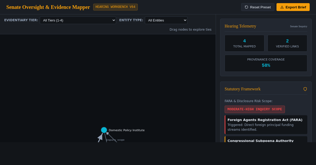 Senate Oversight & Evidence Mapper: Foreign Influence Hearing Workbench preview
