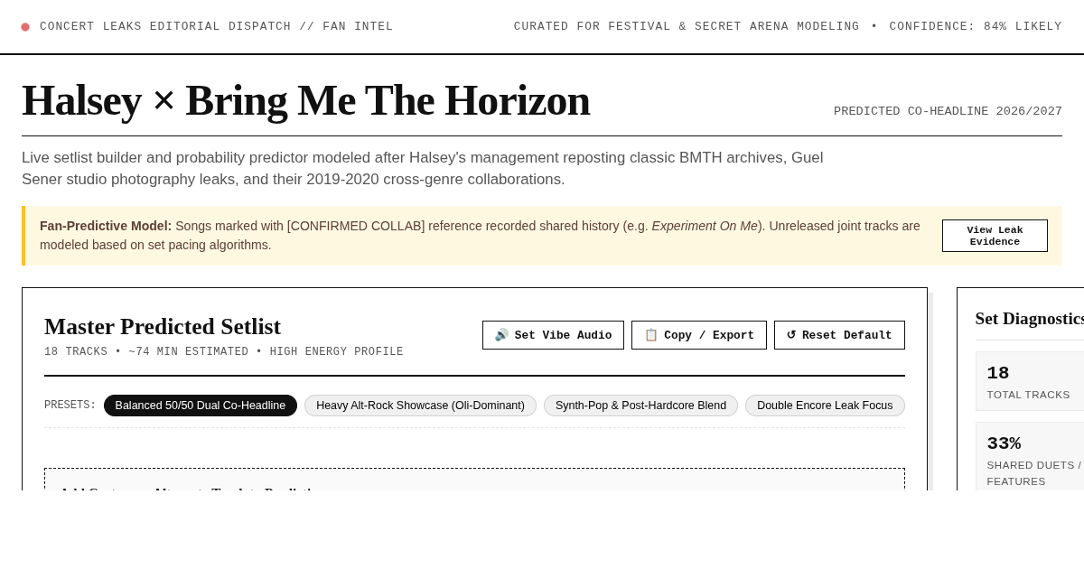 Halsey × Bring Me The Horizon — Rumored Live Setlist Predictor & Builder preview