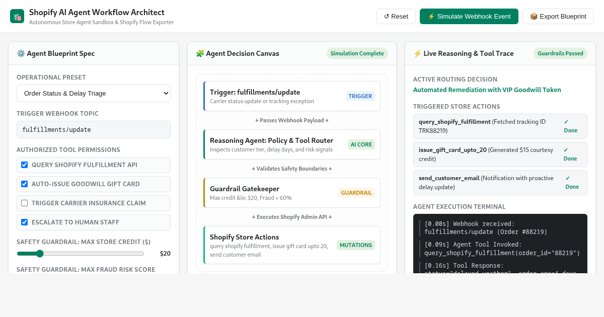 Shopify AI Agent Workflow Architect & Sandbox Simulator preview