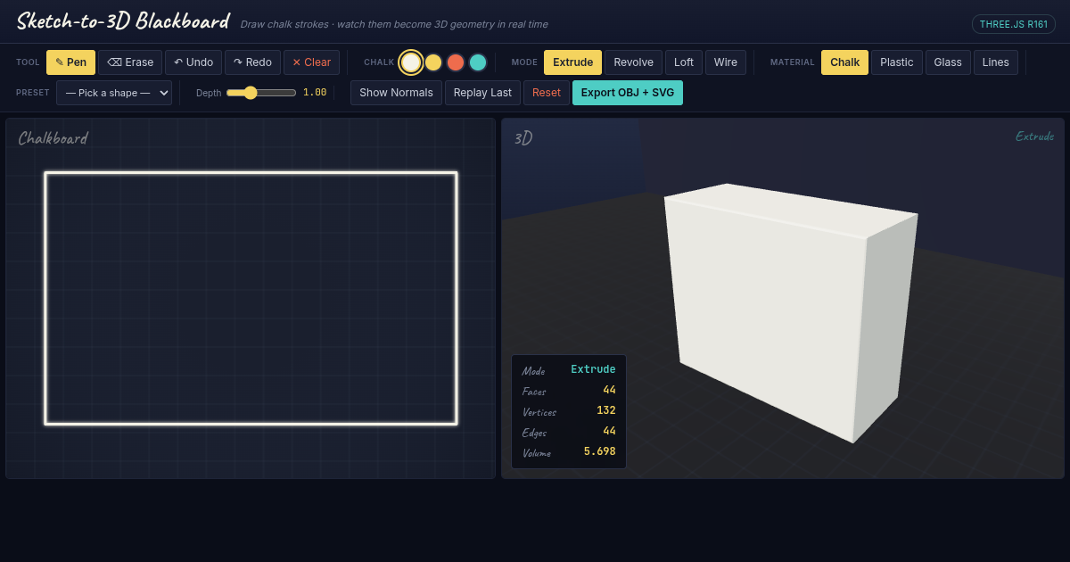 Sketch-to-3D Blackboard — Draw 2D, See 3D in Real Time preview