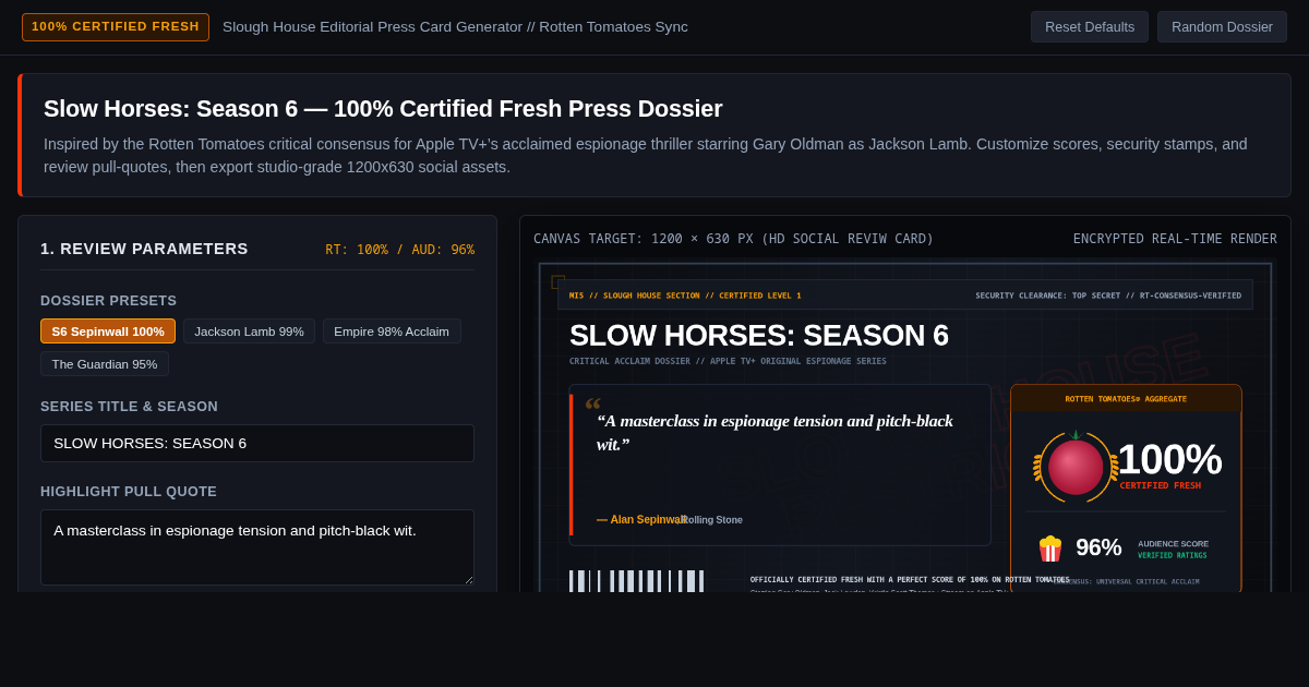 Slow Horses Season 6 Certified Fresh Press Card & Review Generator preview
