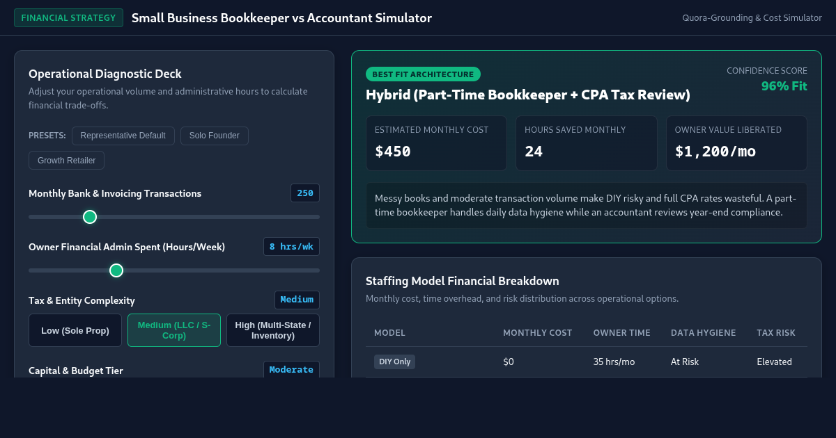 Small Business Bookkeeper vs Accountant Financial ROI & Fit Simulator preview