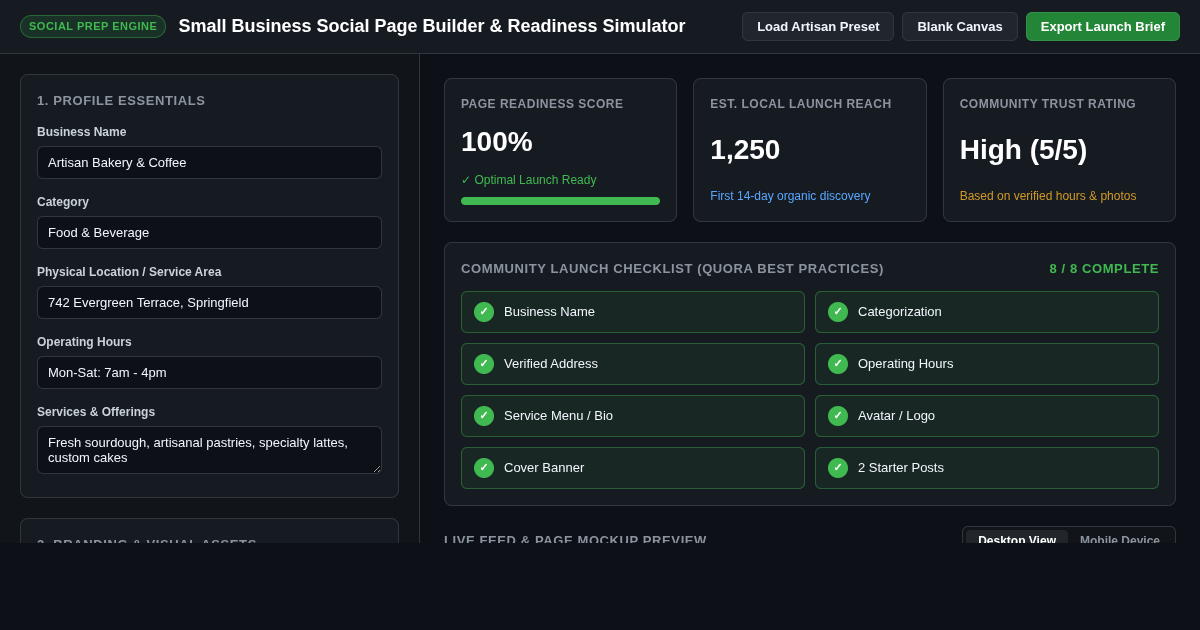 Small Business Social Page Builder & Readiness Simulator preview