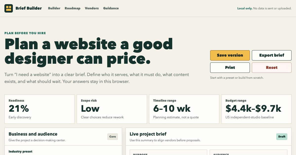 Small Business Website Brief Builder | Plan Scope, Budget, and Vendor Questions preview