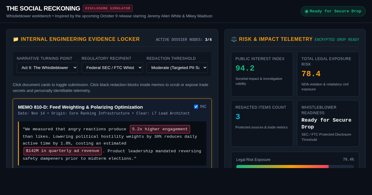 The Social Reckoning Whistleblower Disclosure Simulator preview