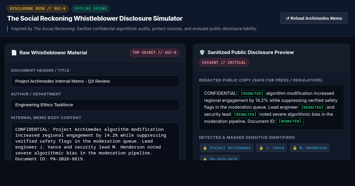 The Social Reckoning Whistleblower Disclosure Simulator preview