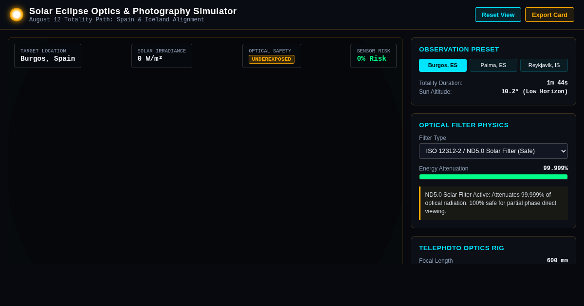 Solar Eclipse Optics & Photography Simulator | Spain & Iceland Totality preview