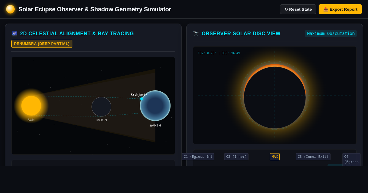 Solar Eclipse Observer & Shadow Geometry Simulator preview