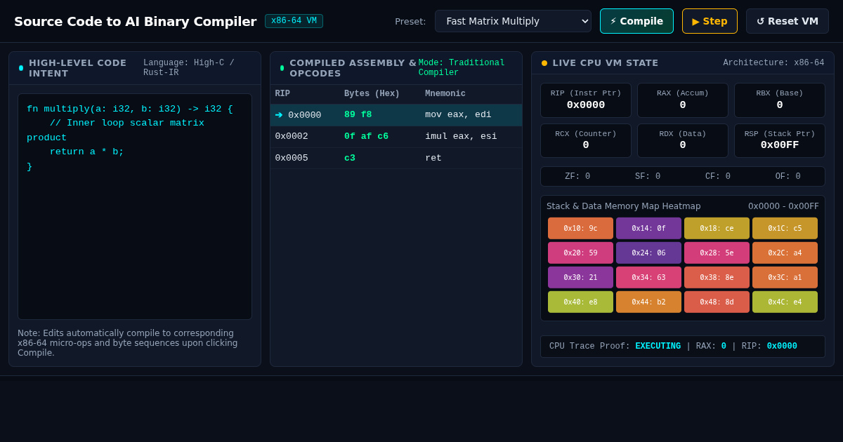 Source Code to Direct AI Binary Compiler & Assembly Visualizer preview