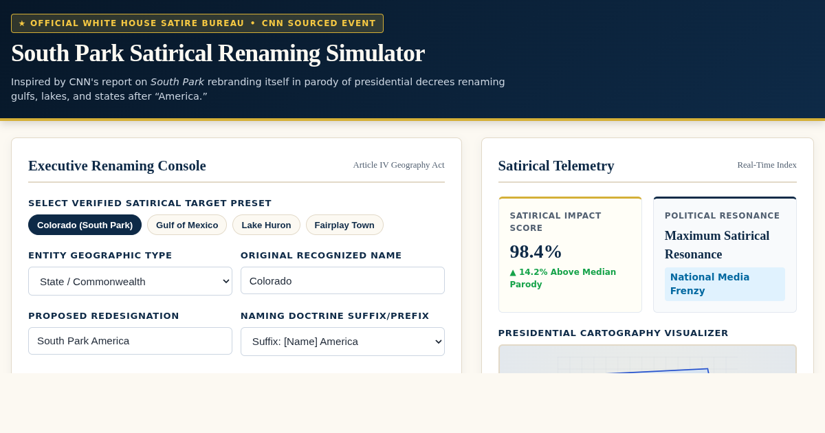South Park Satirical Renaming Simulator & Presidential Geography Tracker preview