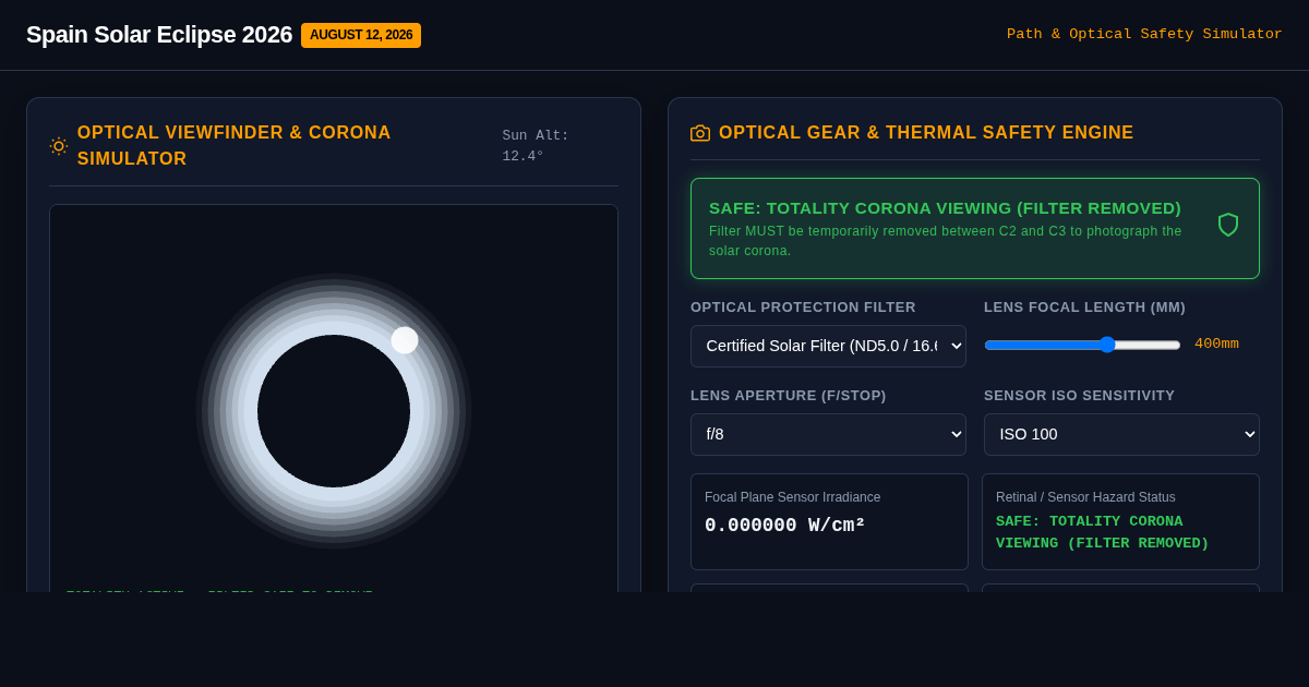 Spain Total Solar Eclipse Path & Optical Filter Simulator preview