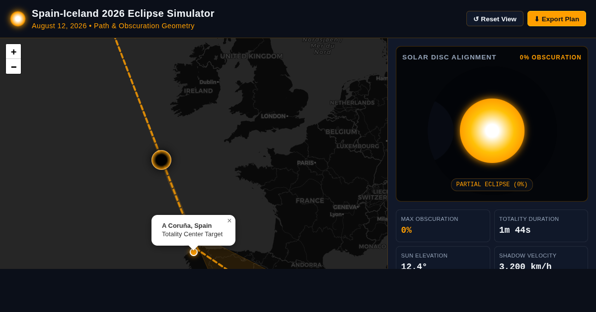 Spain-Iceland 2026 Solar Eclipse Path & Geometry Simulator preview