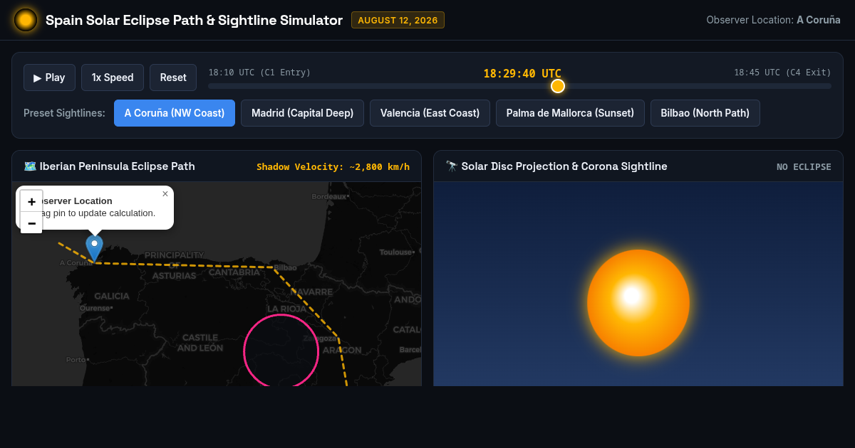 Spain Solar Eclipse Path & Sightline Simulator preview