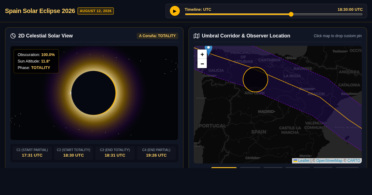 Spain Solar Eclipse Path & Totality Interactive Simulator | August 12, 2026 preview