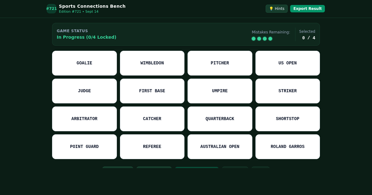 NYT Connections Sports Edition #721 Solver & Grouping Bench preview