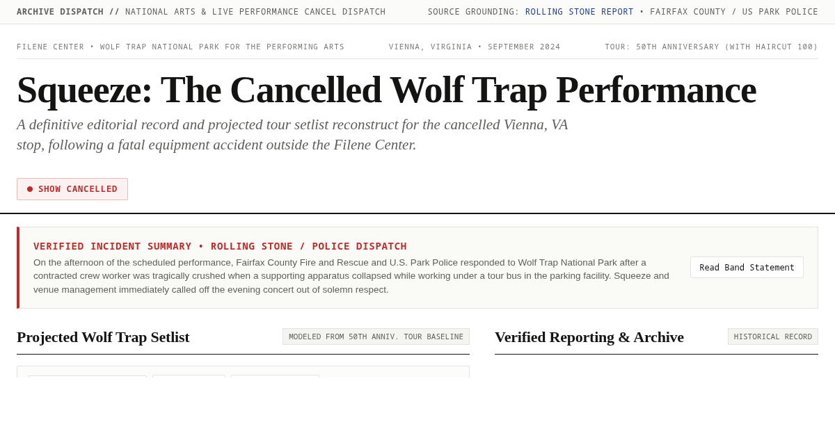 Squeeze at Wolf Trap (Cancelled) — Event Archive & Projected Tour Setlist preview