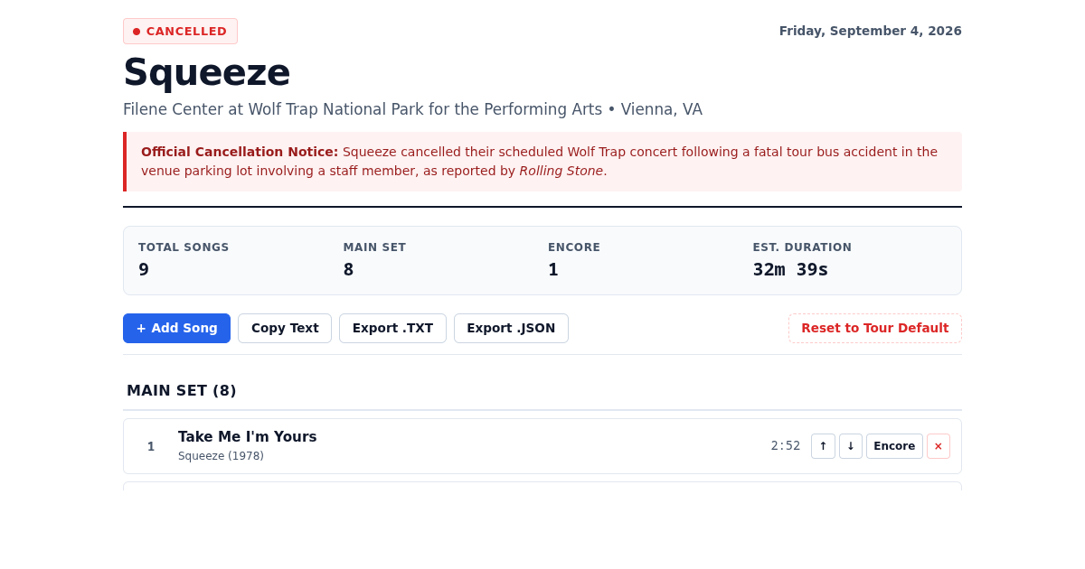 Squeeze Wolf Trap Tour Setlist & Event Archive preview