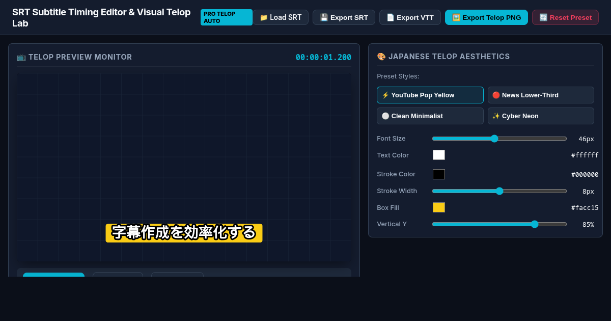 SRT Subtitle Timing Editor & Visual Telop Lab preview