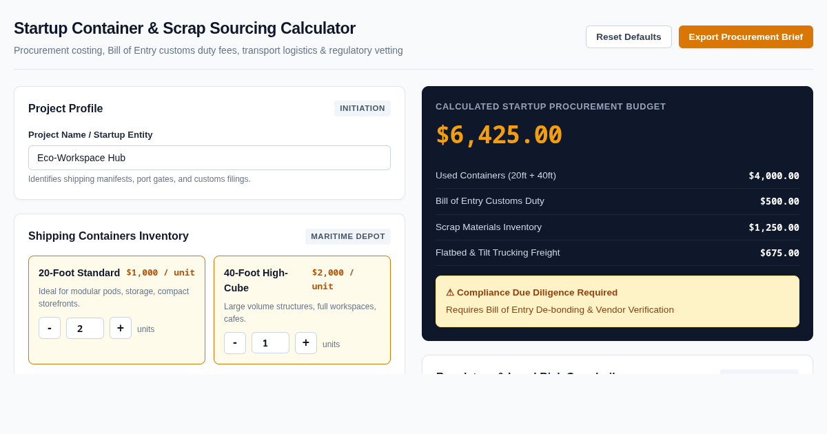 Startup Container & Scrap Sourcing Calculator and Project Planner preview