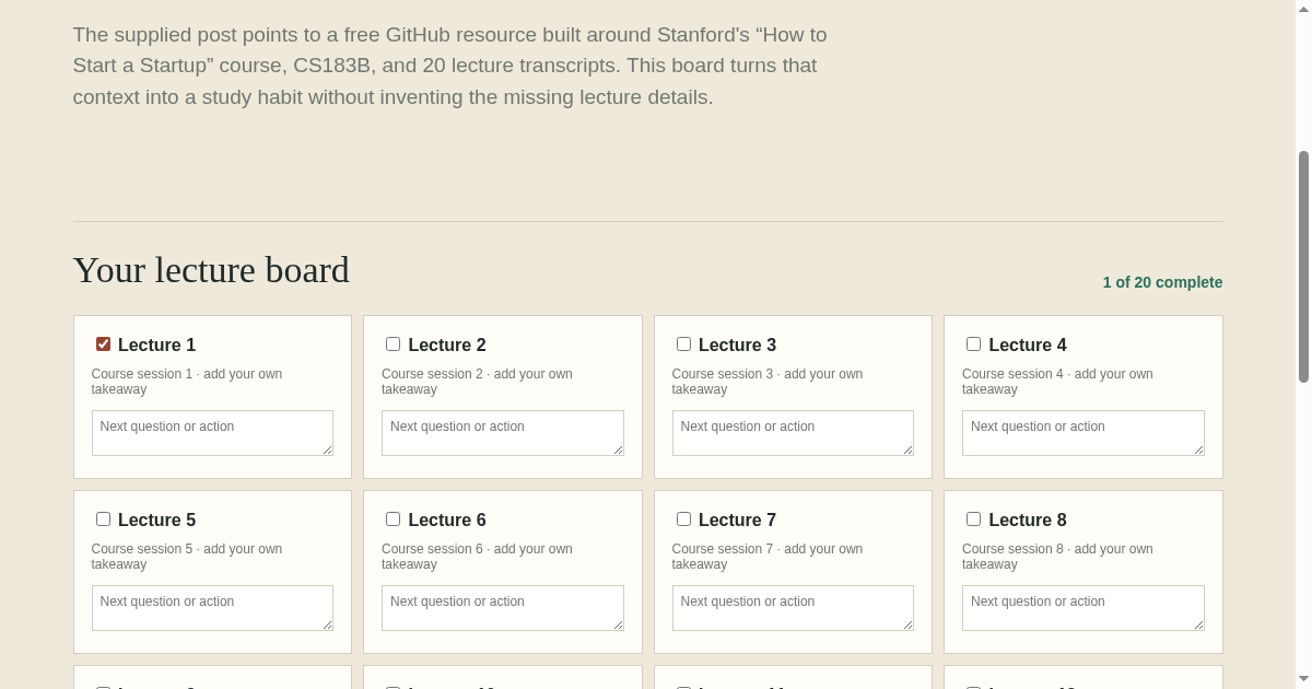Startup course board preview