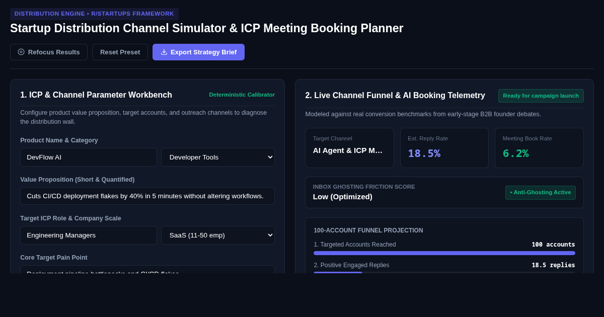 Startup Distribution Channel Simulator & ICP Meeting Booking Planner preview
