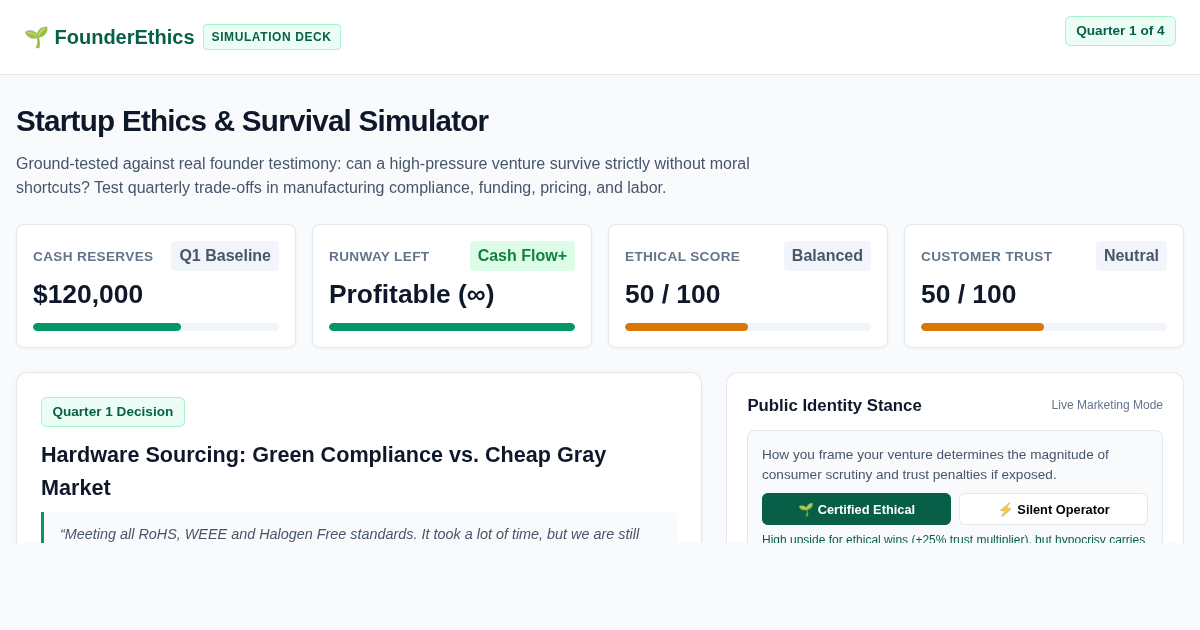 Startup Ethics & Survival Simulator | Strategic Trade-off Workbench preview