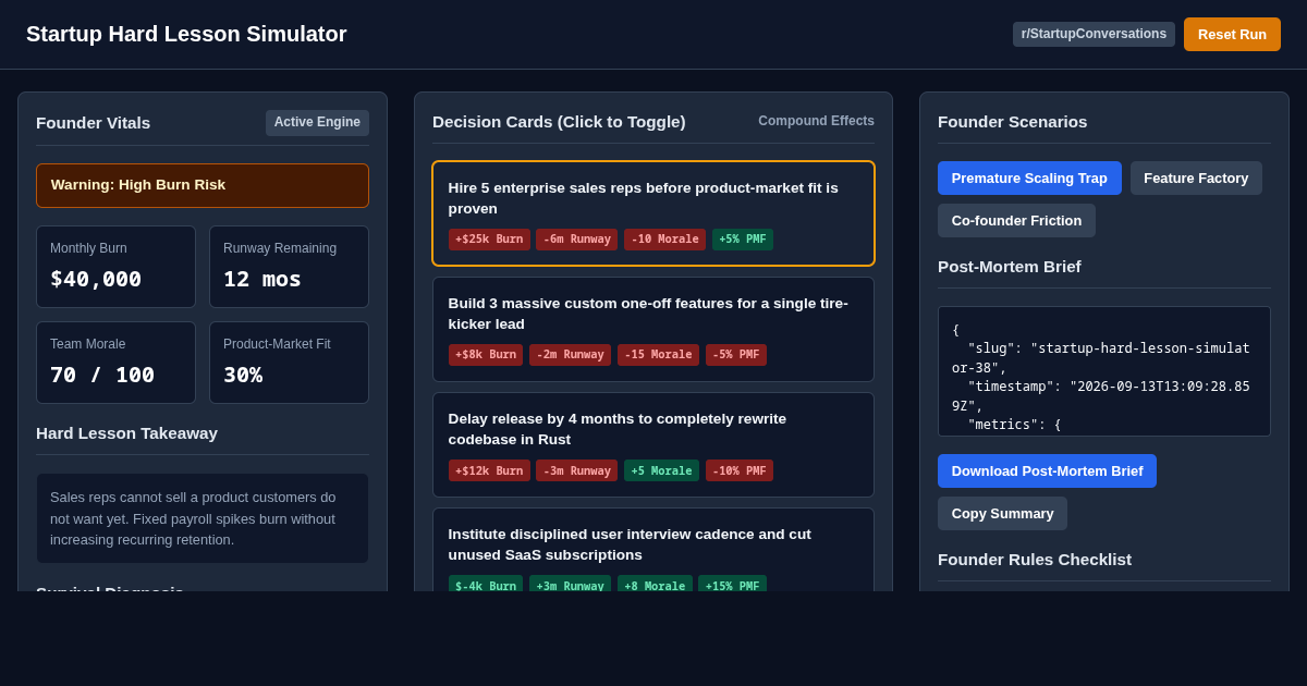 Startup Hard Lesson Simulator - Founder Decision Workshop preview