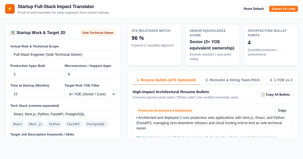 Startup Full-Stack Impact Translator & Portfolio Prover preview