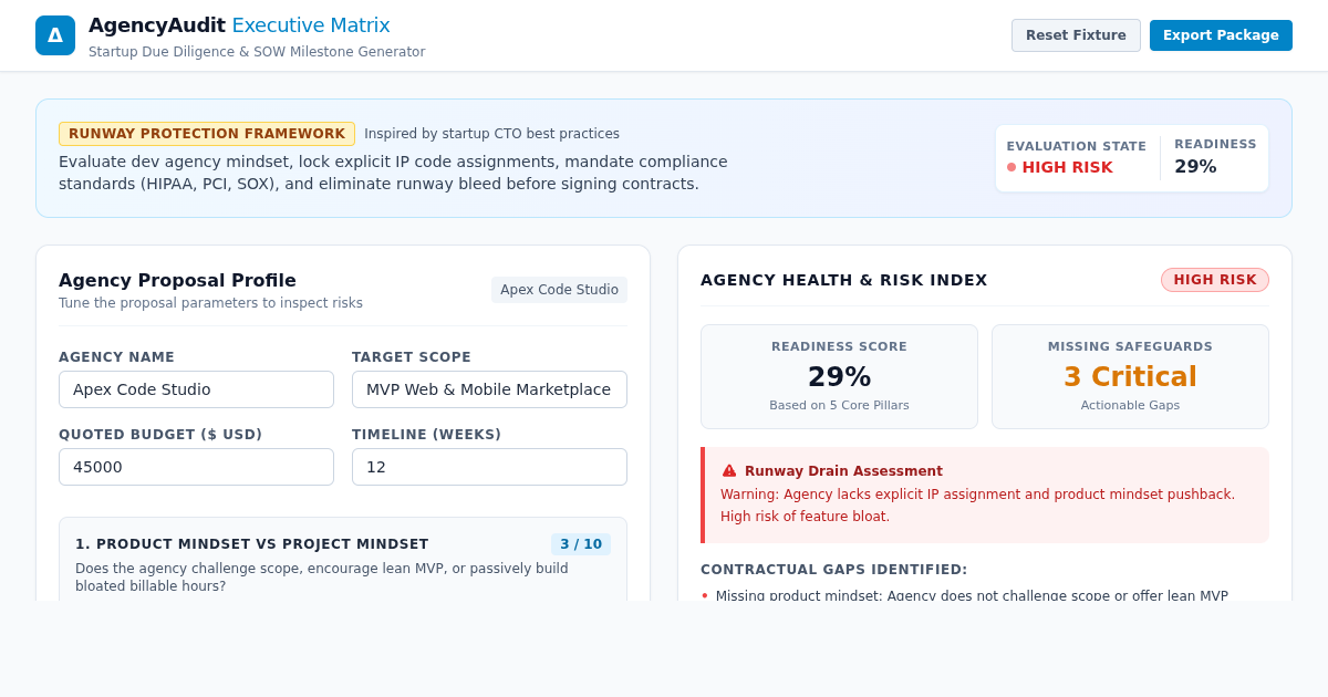 Startup Software Agency Evaluator & Milestone Generator preview