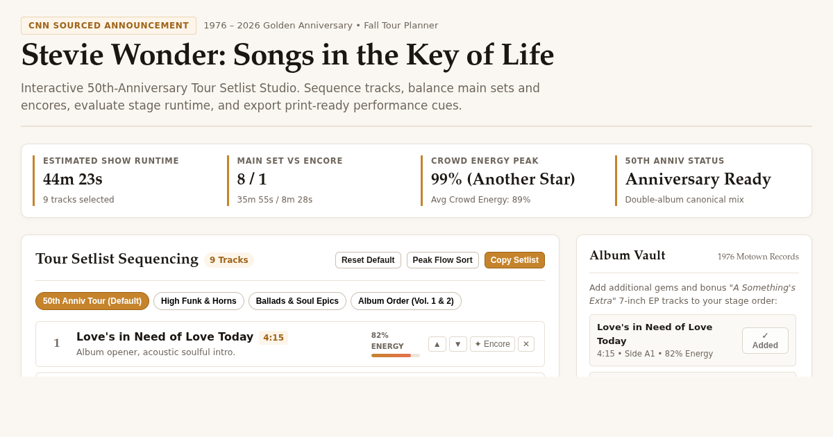 Stevie Wonder – Songs in the Key of Life 50th Anniversary Tour Setlist Builder preview
