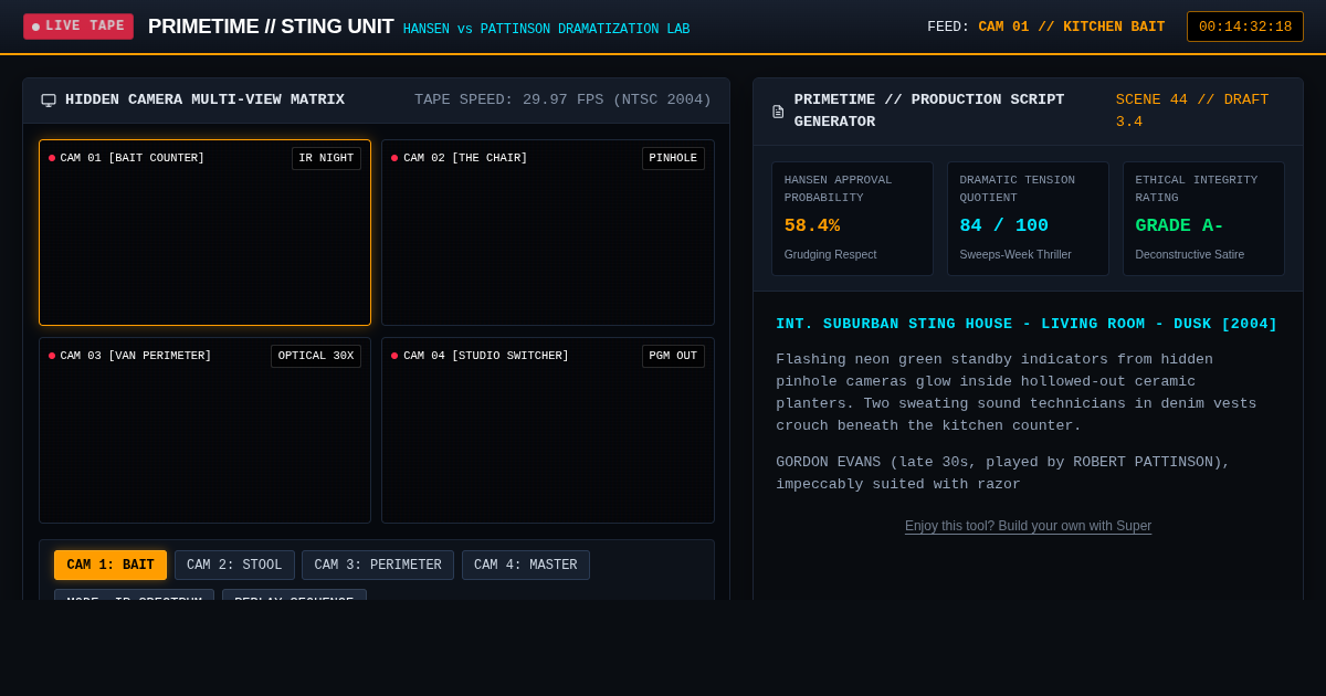 PRIMETIME: Investigative Sting Control Room & Dramatization Workbench preview