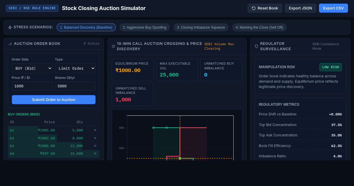Stock Closing Auction Price Discovery & Manipulation Simulator preview
