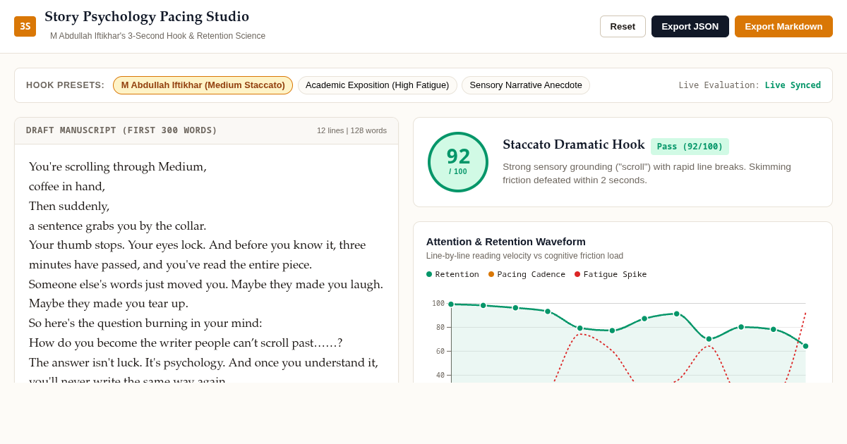 Story Psychology Pacing Studio | 3-Second Hook & Retention Analyzer preview