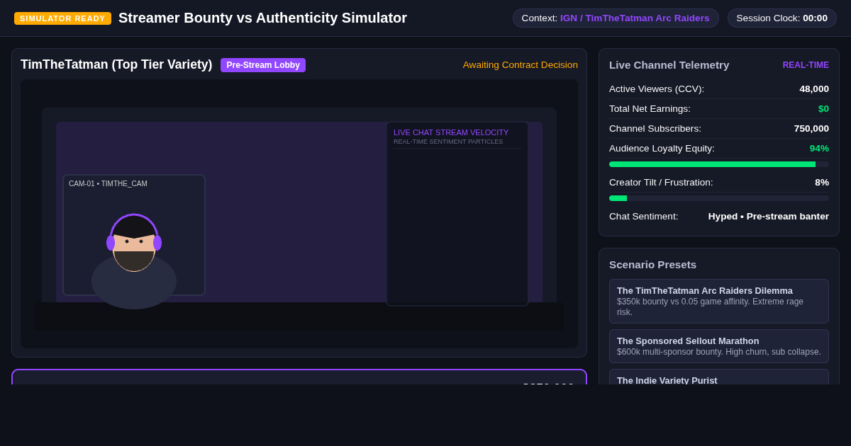 Streamer Bounty vs Authenticity Simulator preview