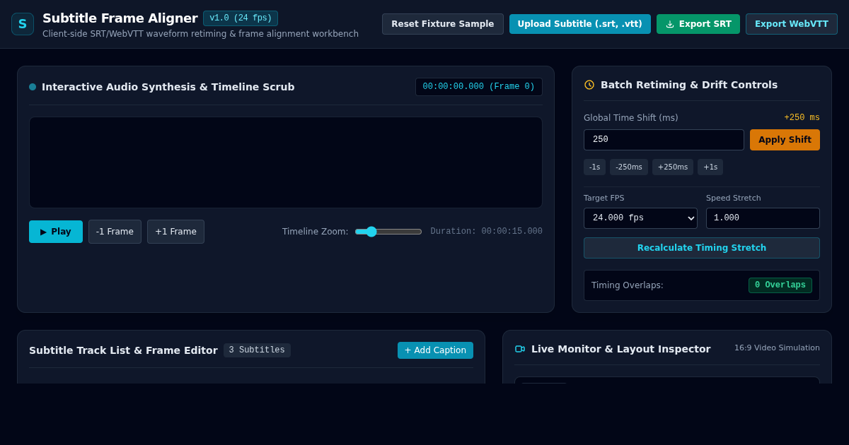 Subtitle & Caption Frame Aligner | Professional SRT & VTT Retiming preview