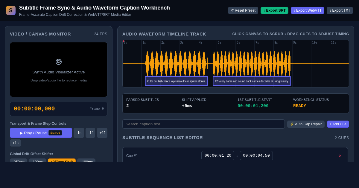 Subtitle Frame Sync & Audio Waveform Caption Workbench preview