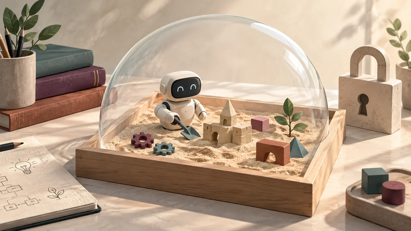 Isometric editorial illustration showing a protective frosted glass enclosure representing an isolated AI computing sandbox.