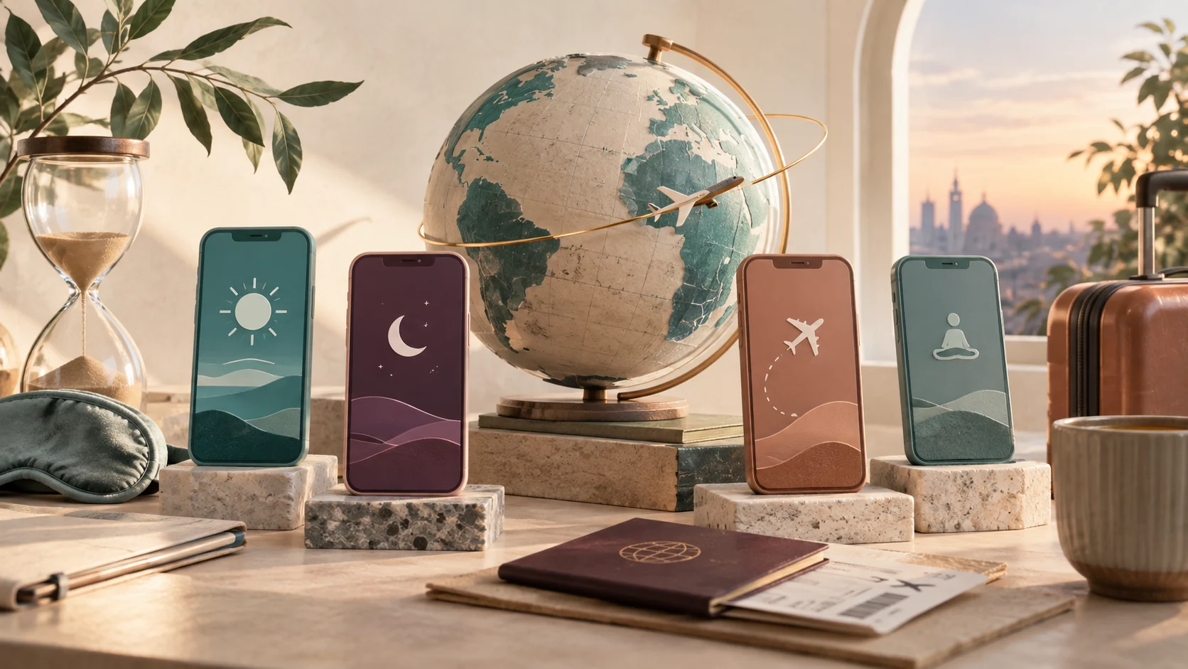 Stylized travel illustration showing a morning desk with sunlight, water glass, notebook, and time markers.