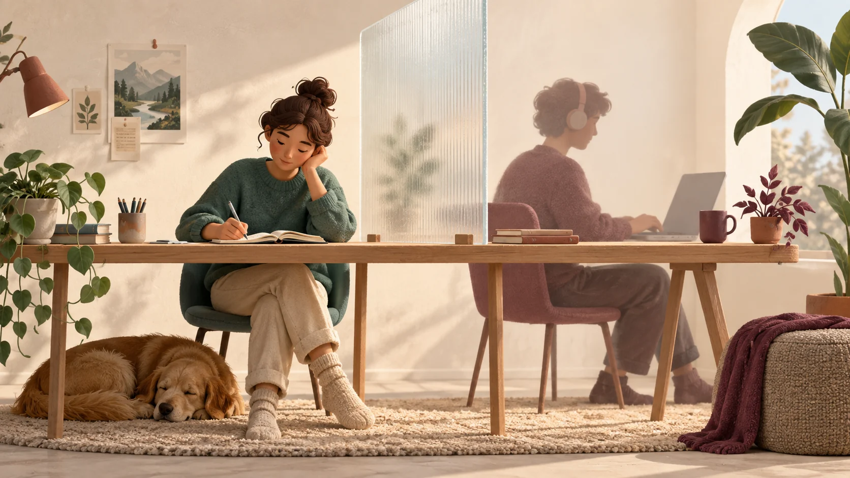 Editorial illustration of two individuals sitting at a quiet studio work table focusing peacefully on independent tasks in a calm room.