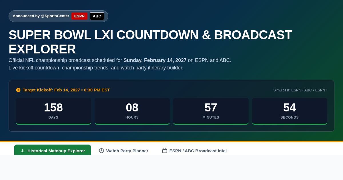 Super Bowl LXI Countdown & Broadcast Matchup Explorer preview